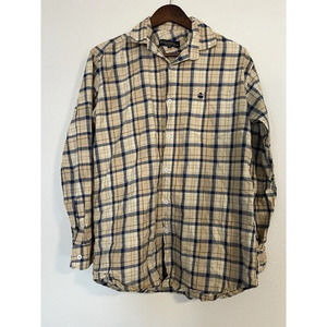 Brooks Brothers Dress Shirt Men’s XL Beige Blue Plaid Button Up Long Sleeve Soft